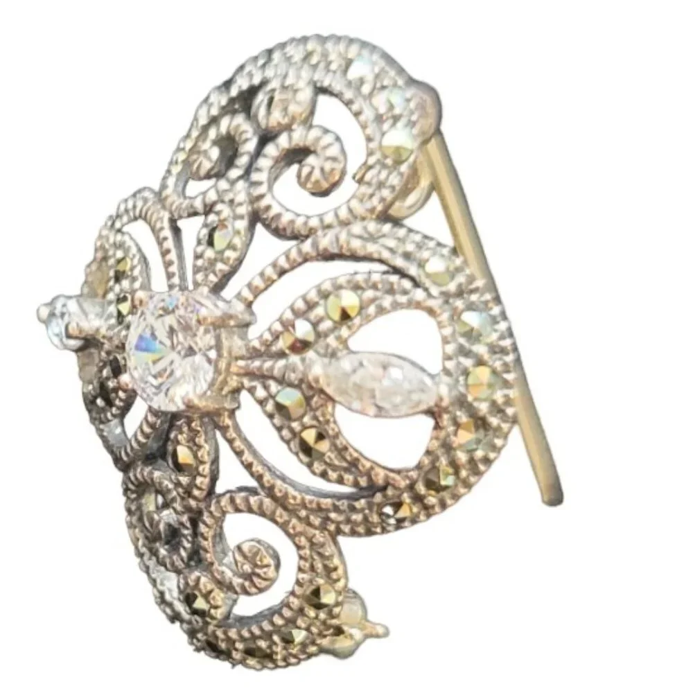 Brooche/Pin-silver colored with Marcasite-Approx 1” in size.